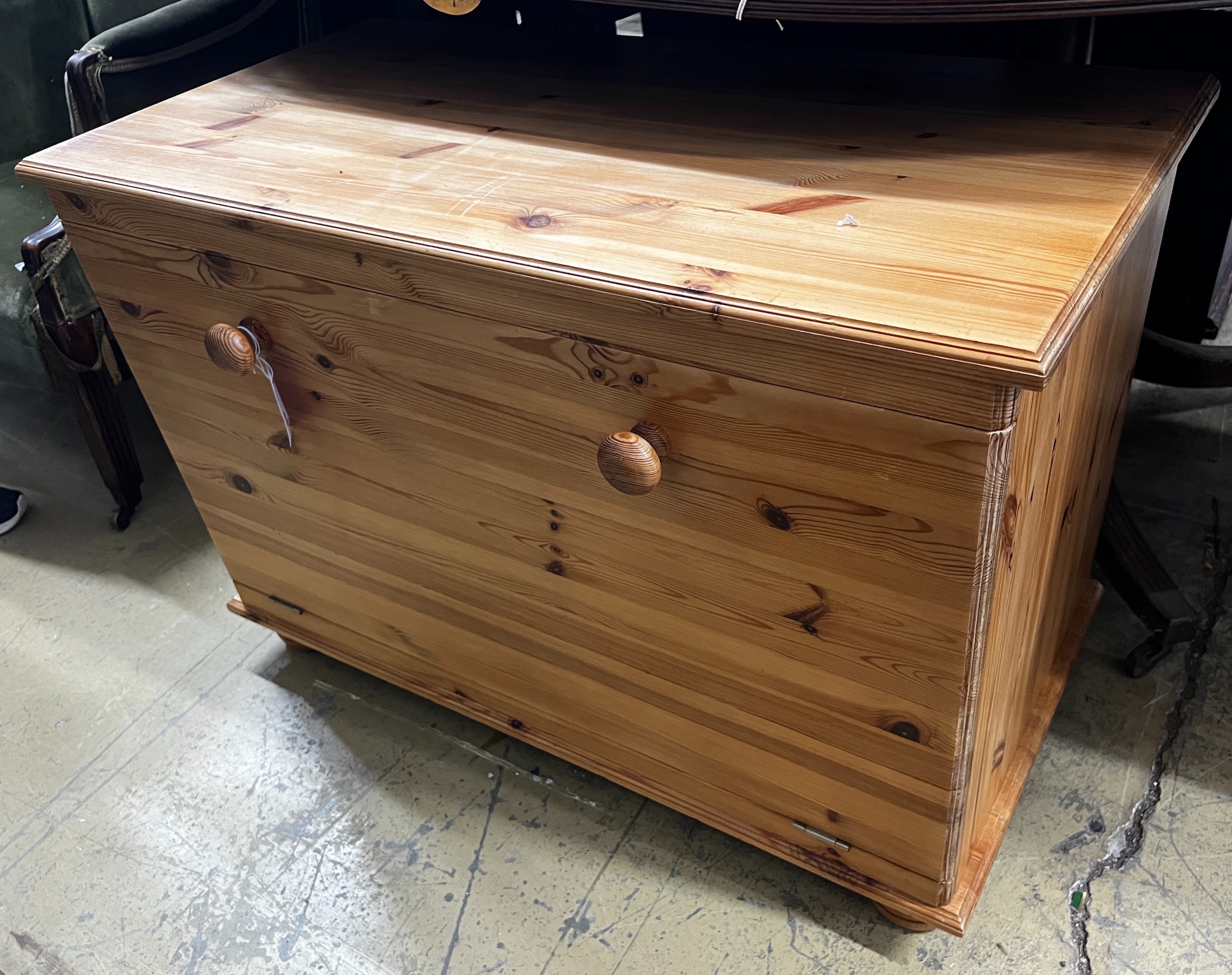 A Victorian style pine fall front blanket box, width 89cm, depth 45cm, height 61cm